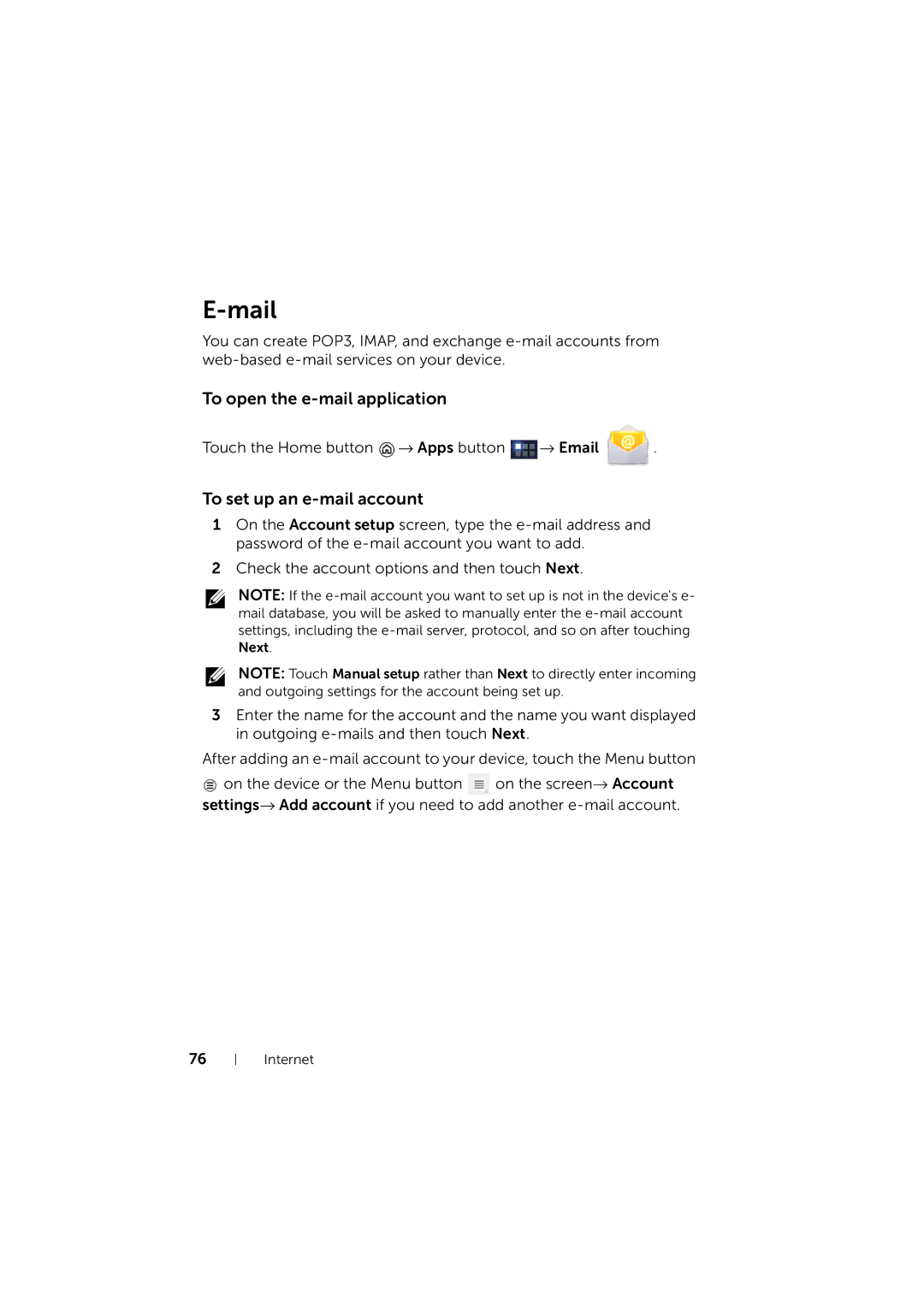 Dell LG7_bk0 user manual Mail, To open the e-mail application, To set up an e-mail account 