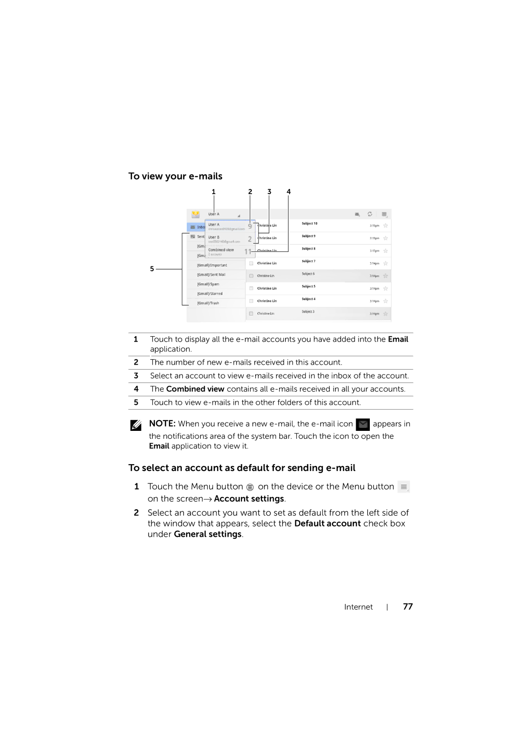 Dell LG7_bk0 user manual To view your e-mails, To select an account as default for sending e-mail 