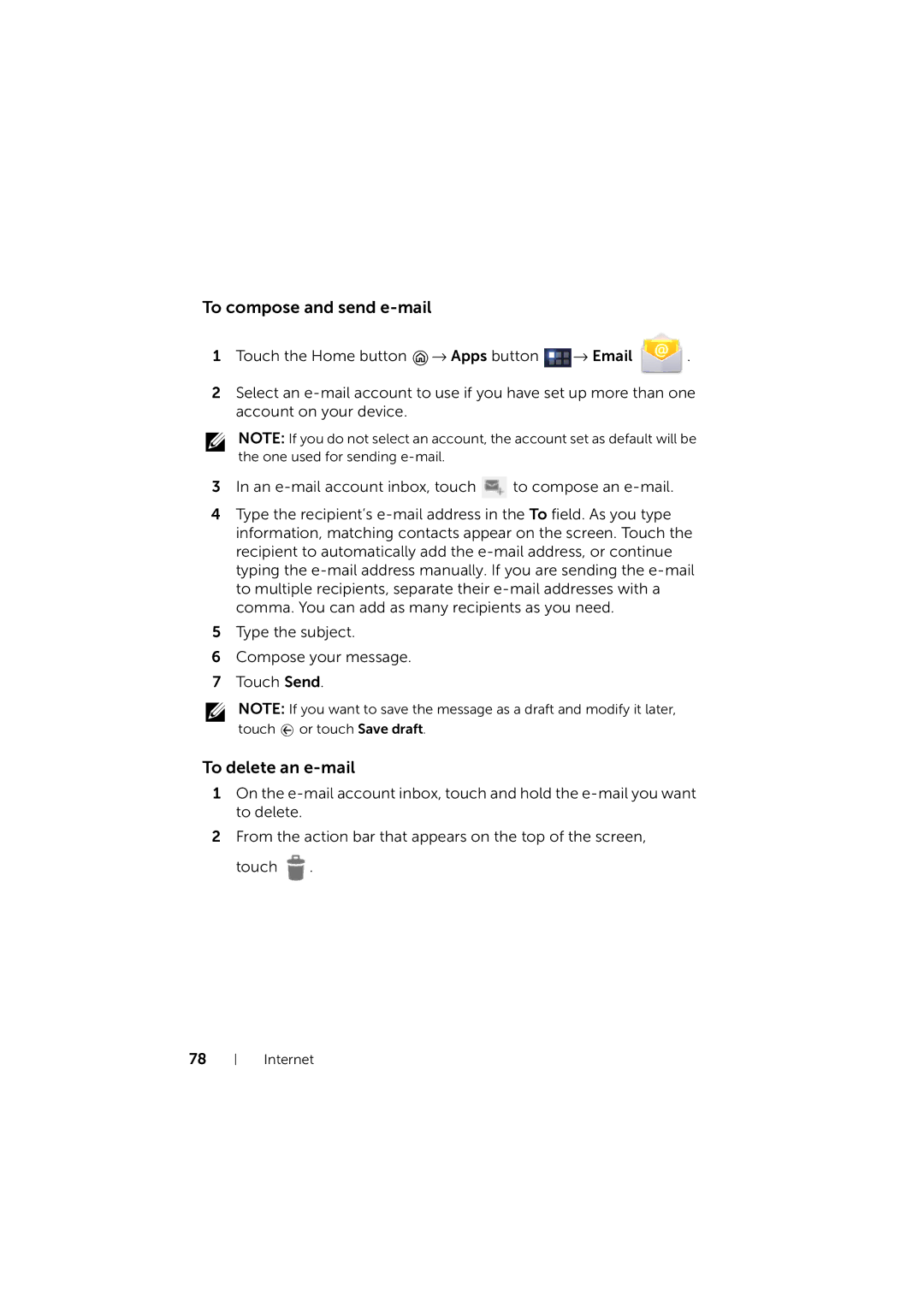 Dell LG7_bk0 user manual To compose and send e-mail, To delete an e-mail 