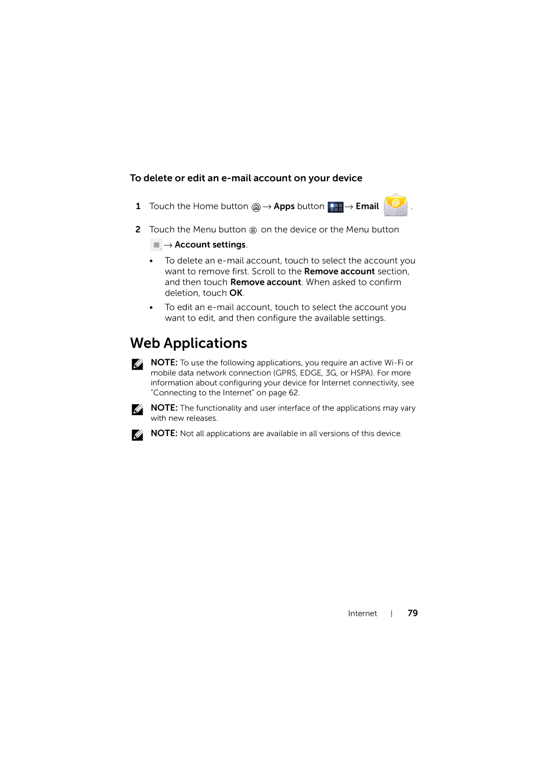 Dell LG7_bk0 user manual Web Applications, To delete or edit an e-mail account on your device 
