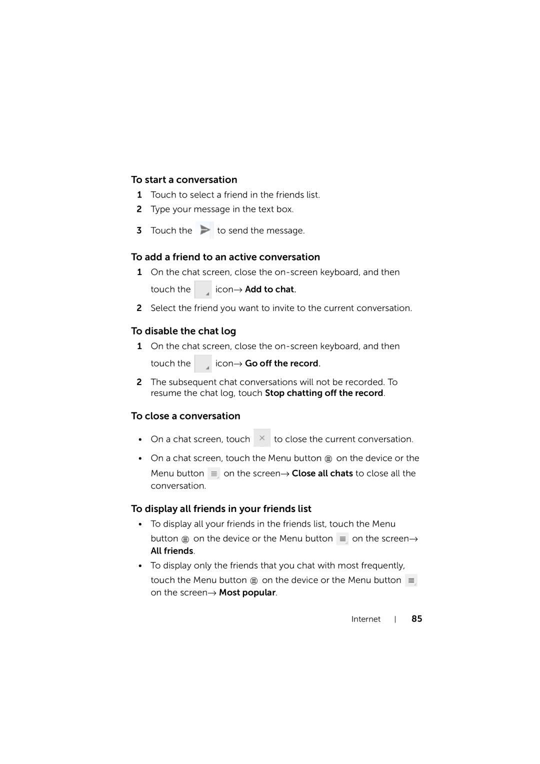 Dell LG7_bk0 user manual To start a conversation, To add a friend to an active conversation, To disable the chat log 