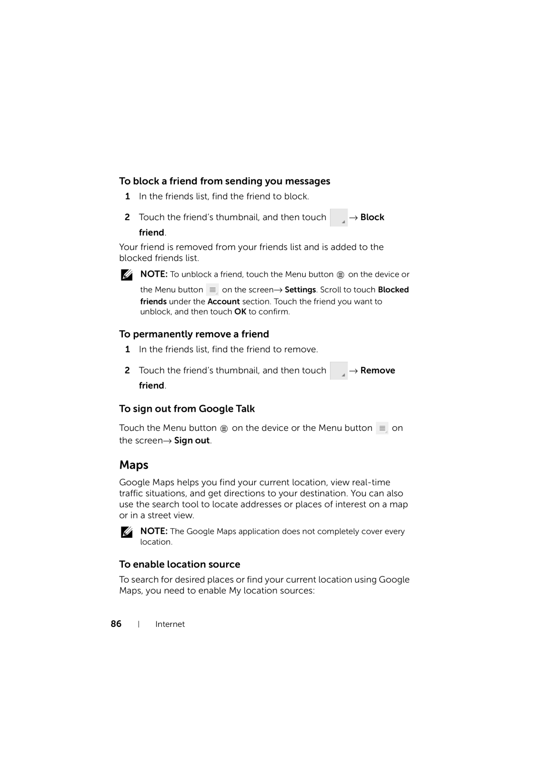 Dell LG7_bk0 Maps, To block a friend from sending you messages, To permanently remove a friend, To enable location source 