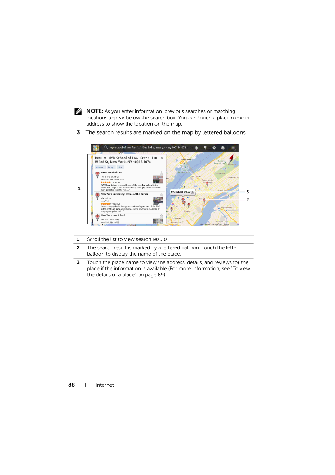 Dell LG7_bk0 user manual Search results are marked on the map by lettered balloons 