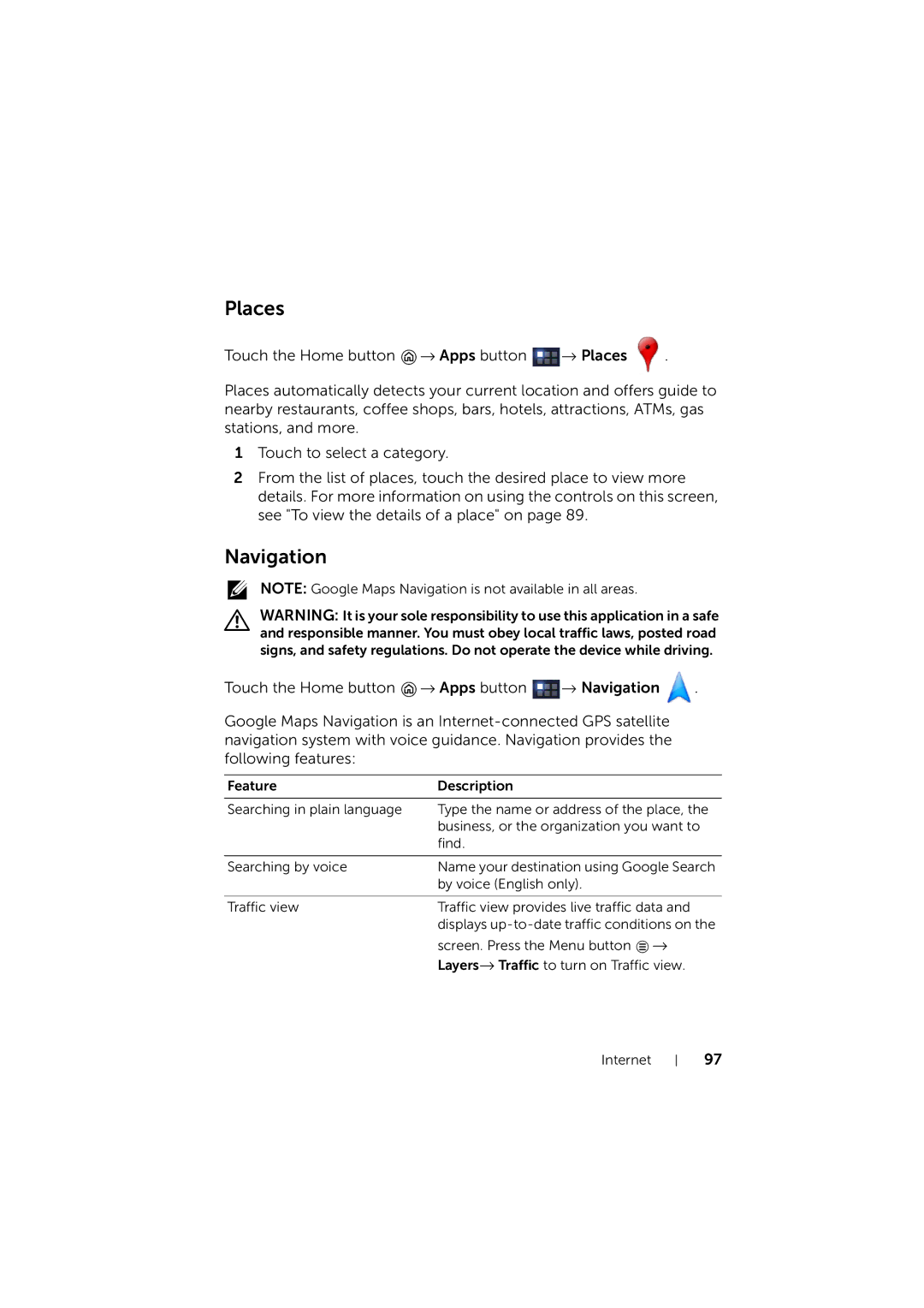 Dell LG7_bk0 user manual Places, Navigation 