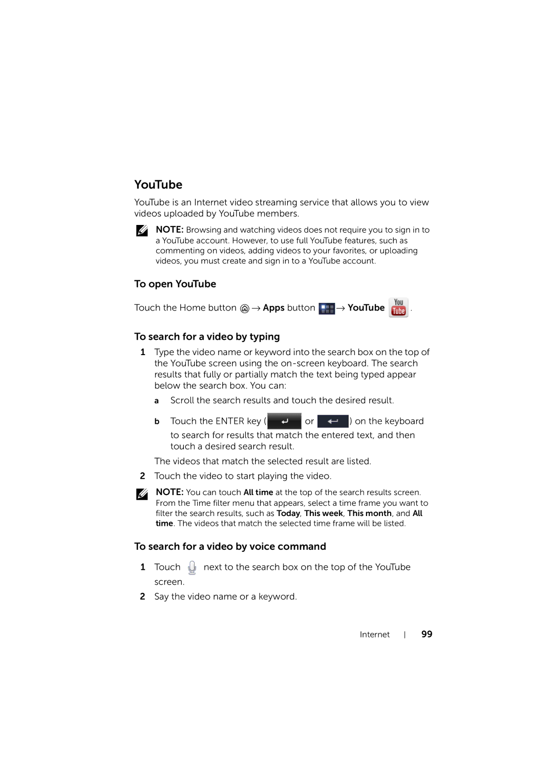 Dell LG7_bk0 user manual To open YouTube, To search for a video by typing, To search for a video by voice command 