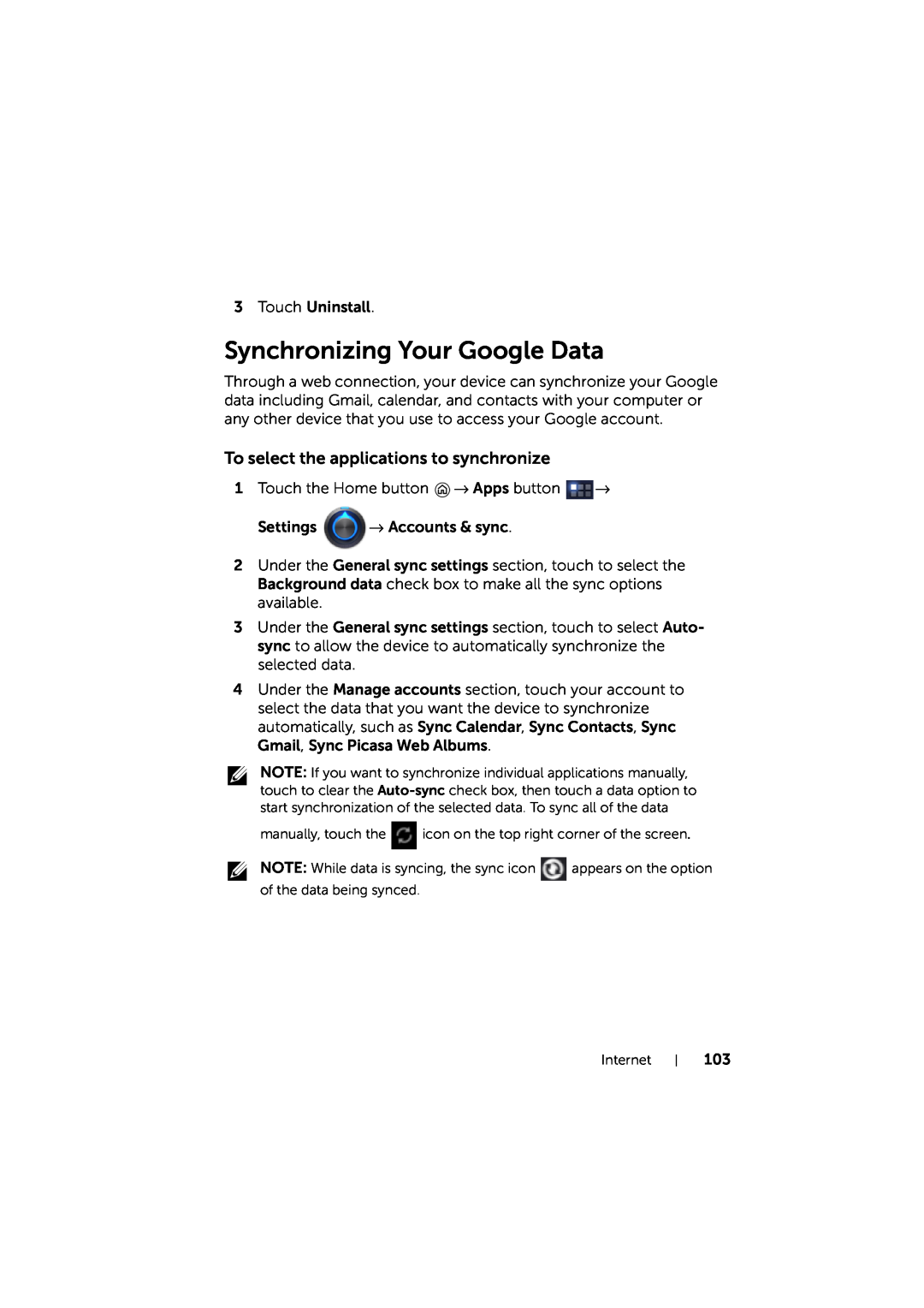 Dell LG7_bk0 user manual Synchronizing Your Google Data, To select the applications to synchronize 