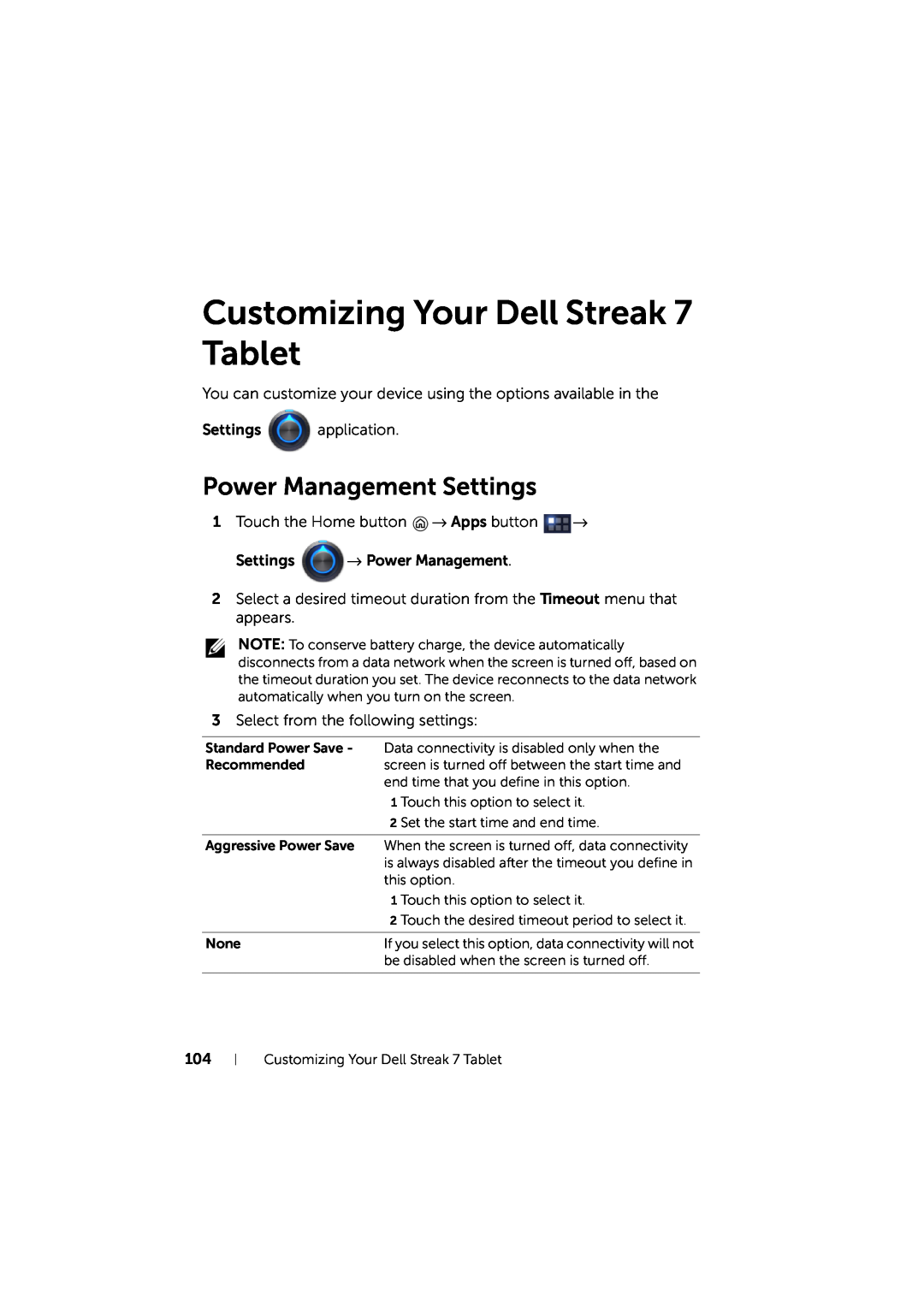 Dell LG7_bk0 user manual Customizing Your Dell Streak 7 Tablet, Power Management Settings 