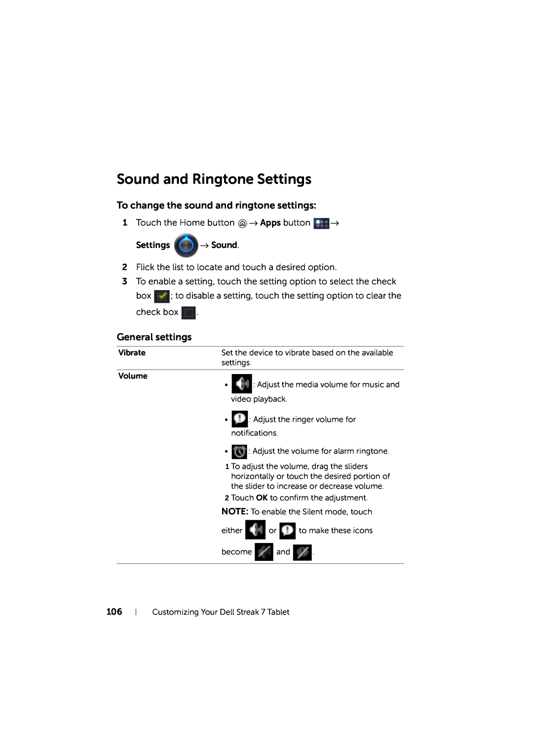 Dell LG7_bk0 user manual Sound and Ringtone Settings, To change the sound and ringtone settings, General settings 