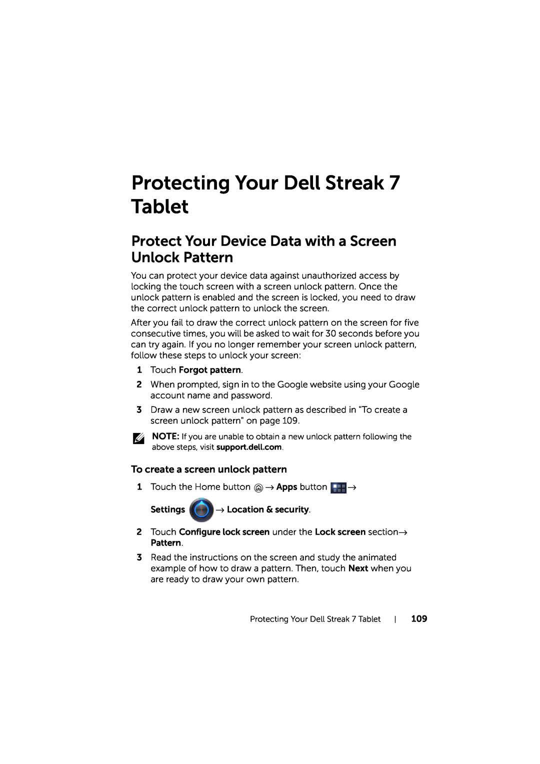 Dell LG7_bk0 user manual Protecting Your Dell Streak 7 Tablet, Protect Your Device Data with a Screen Unlock Pattern 