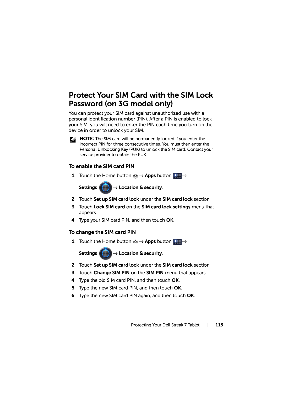 Dell LG7_bk0 user manual Protect Your SIM Card with the SIM Lock Password on 3G model only, To enable the SIM card PIN 
