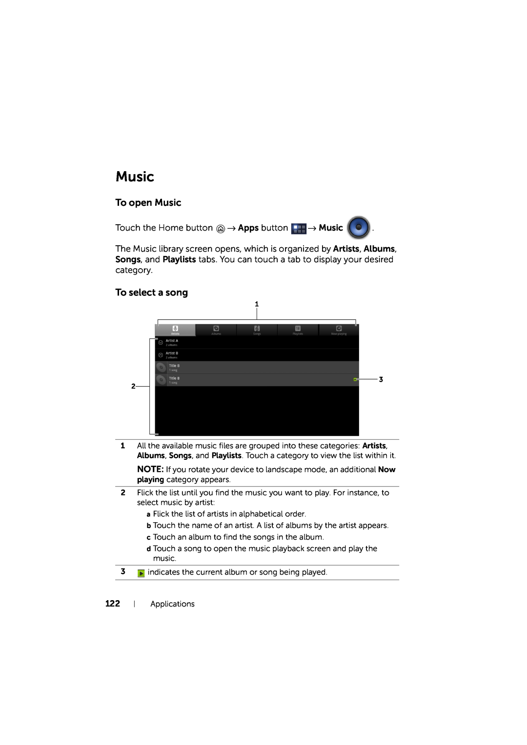 Dell LG7_bk0 user manual To open Music, To select a song 