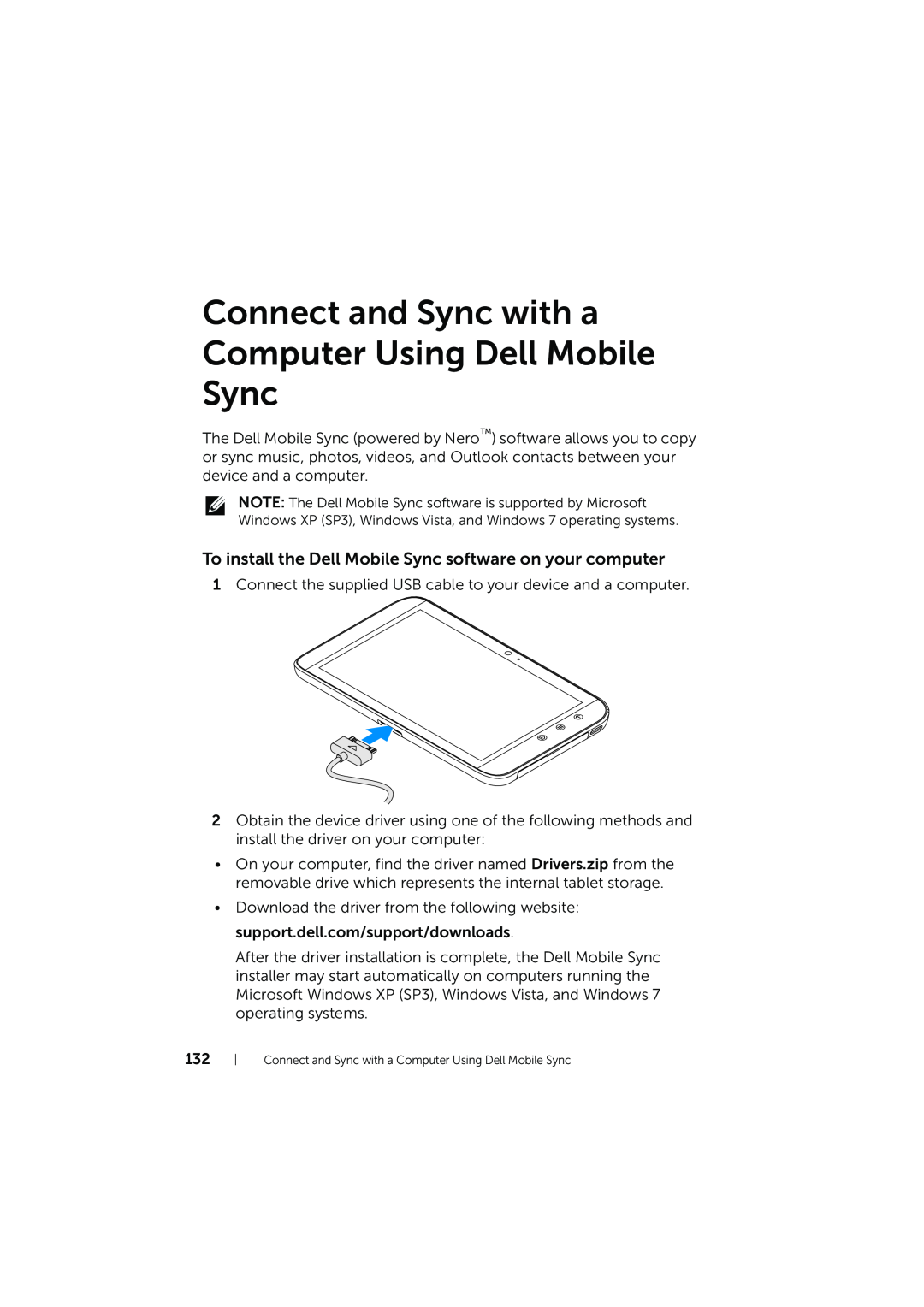 Dell LG7_bk0 user manual Connect and Sync with a Computer Using Dell Mobile Sync 