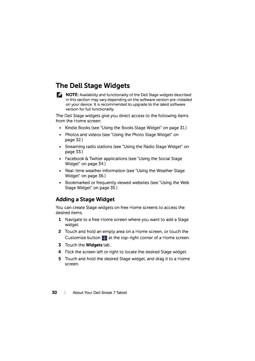Dell LG7_bk0 user manual The Dell Stage Widgets, Adding a Stage Widget 
