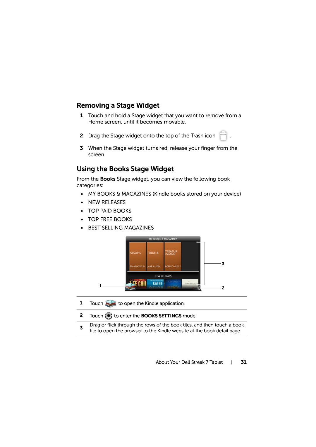 Dell LG7_bk0 user manual Removing a Stage Widget, Using the Books Stage Widget 