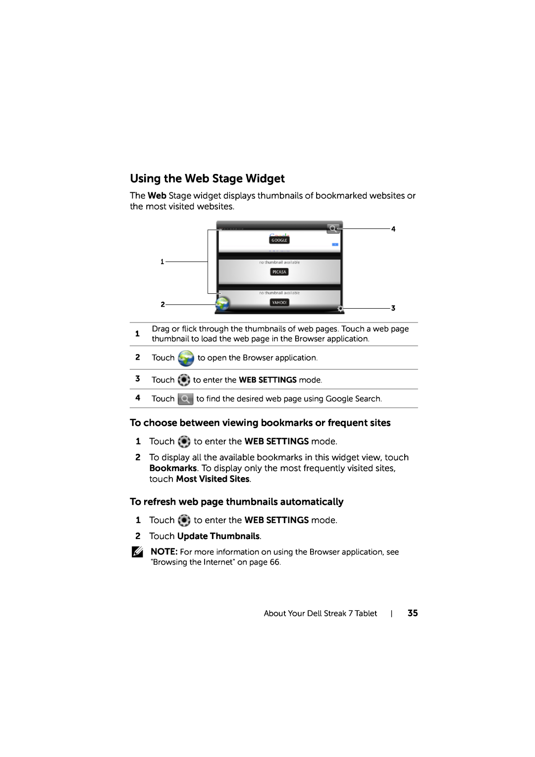 Dell LG7_bk0 user manual Using the Web Stage Widget, To choose between viewing bookmarks or frequent sites 