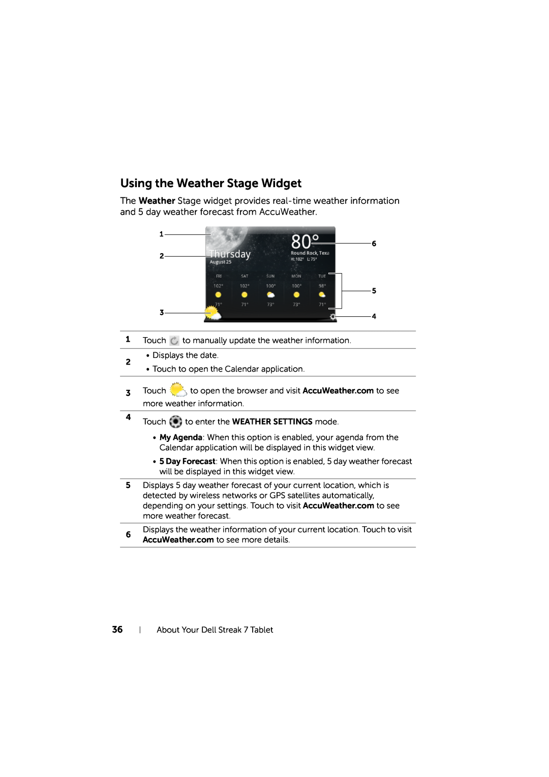 Dell LG7_bk0 user manual Using the Weather Stage Widget 