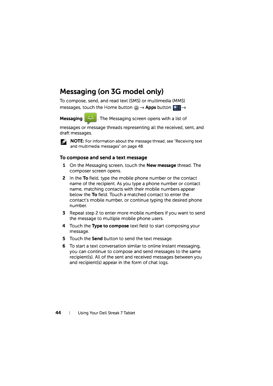 Dell LG7_bk0 user manual Messaging on 3G model only, To compose and send a text message 