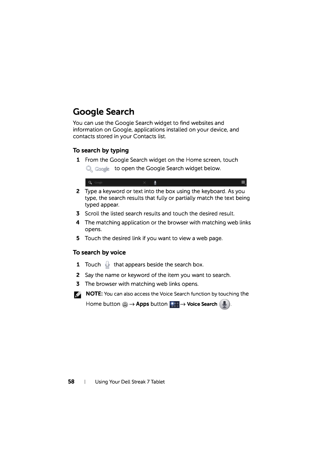 Dell LG7_bk0 user manual Google Search, To search by typing, To search by voice 