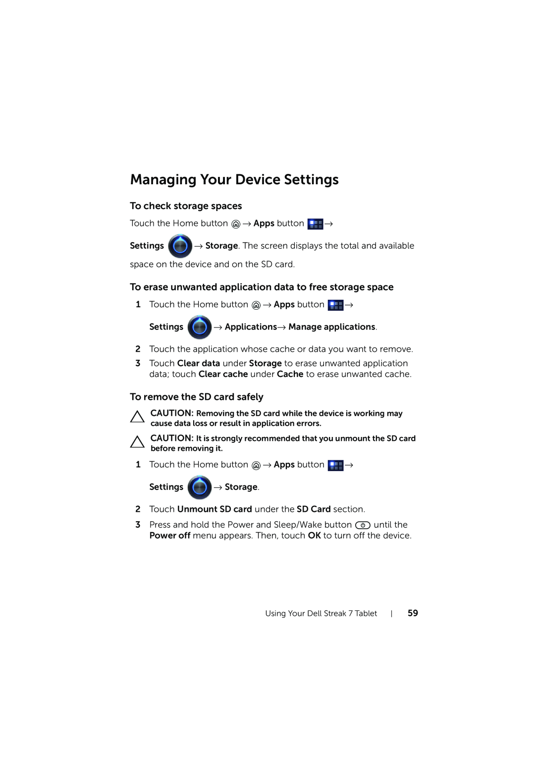 Dell LG7_bk0 user manual Managing Your Device Settings, To check storage spaces, To remove the SD card safely 