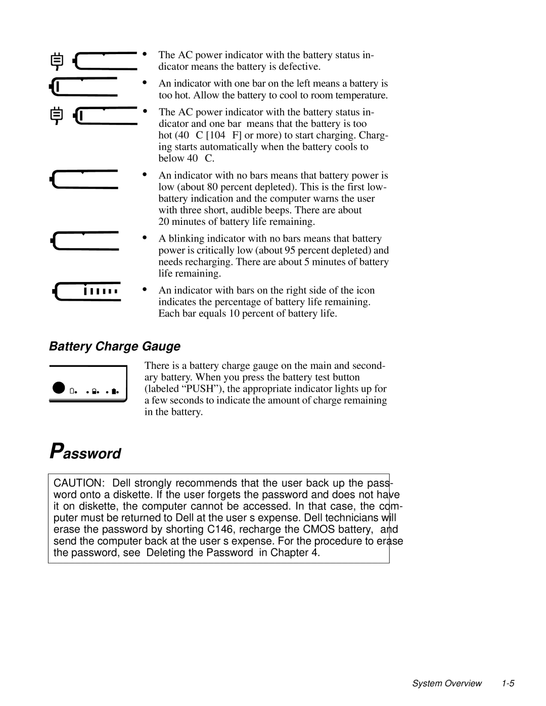 Dell LM P-133ST manual Password, Battery Charge Gauge 