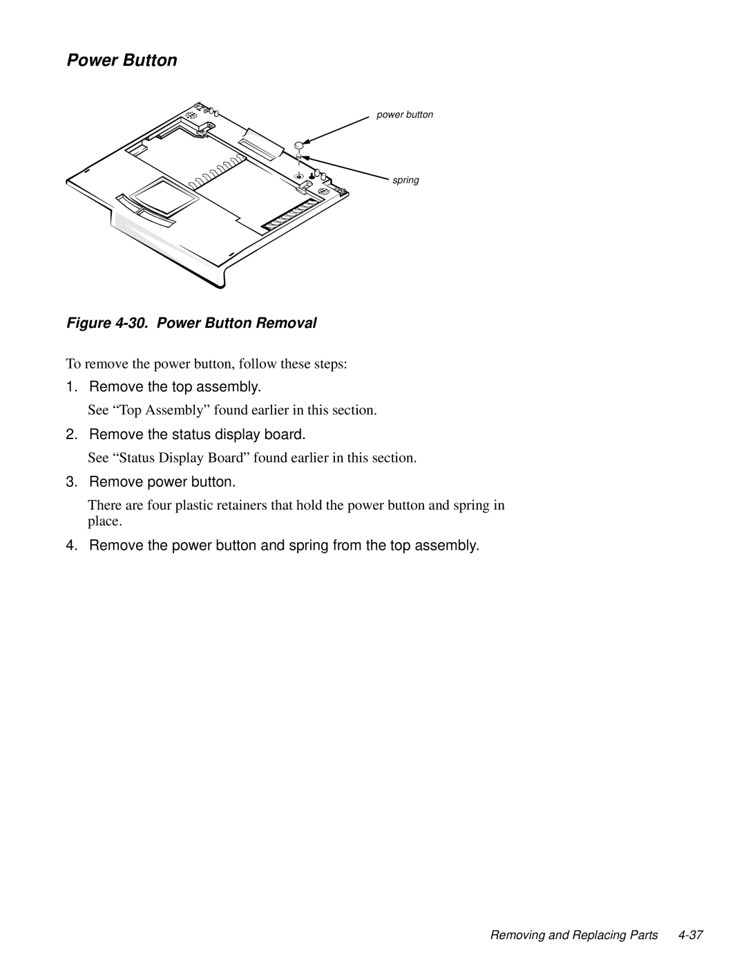 Dell LM P-133ST manual Power Button, Remove the status display board, Remove power button 