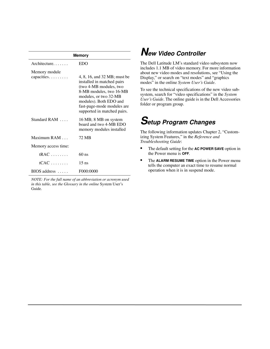 Dell LM specifications New Video Controller, Setup Program Changes 