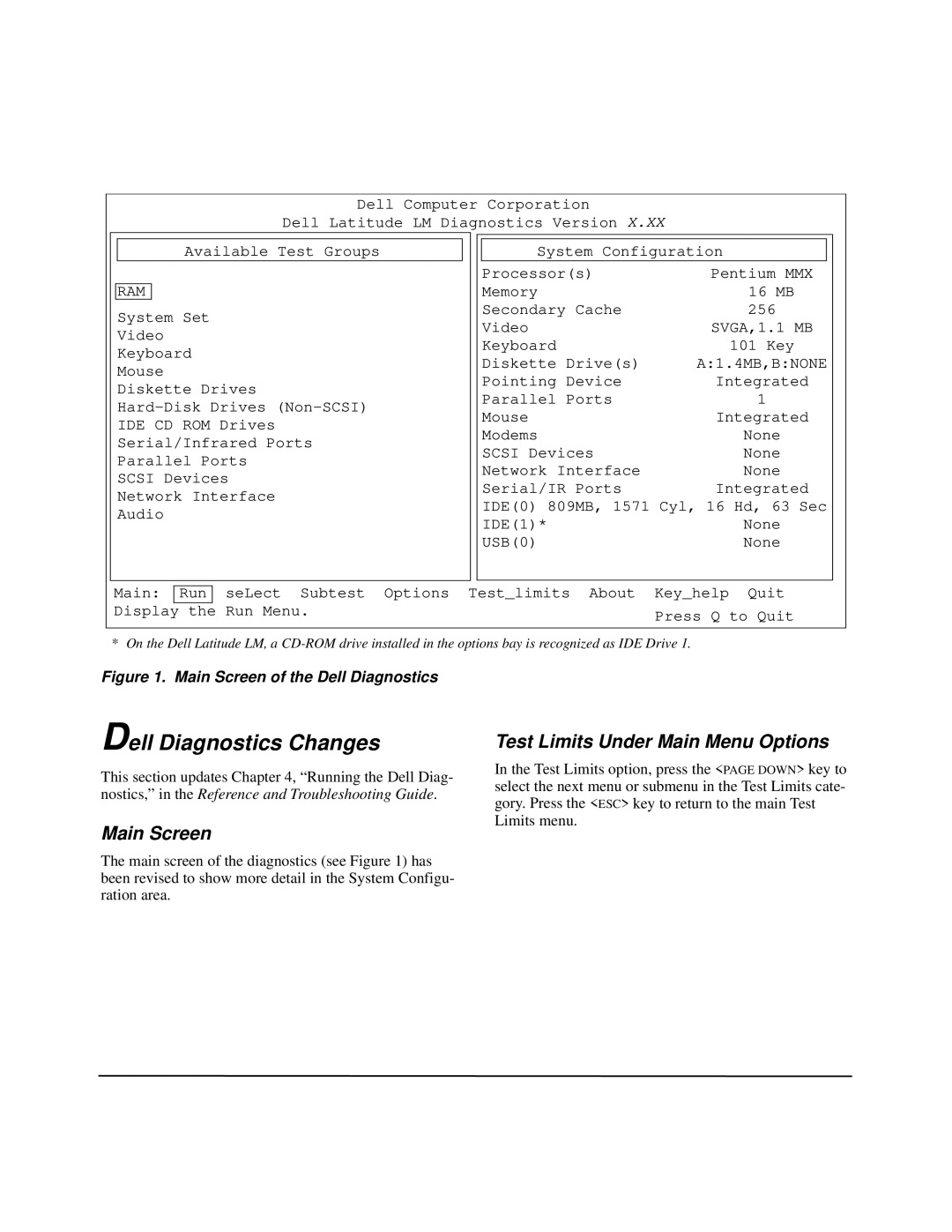 Dell LM specifications Dell Diagnostics Changes, Main Screen, Test Limits Under Main Menu Options 