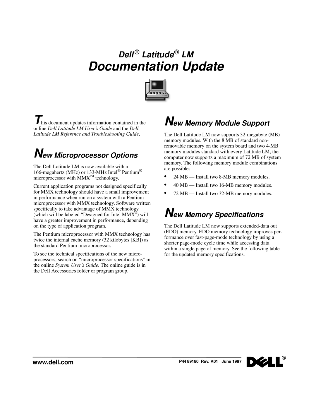 Dell LM specifications New Microprocessor Options, New Memory Specifications, New Memory Module Support 