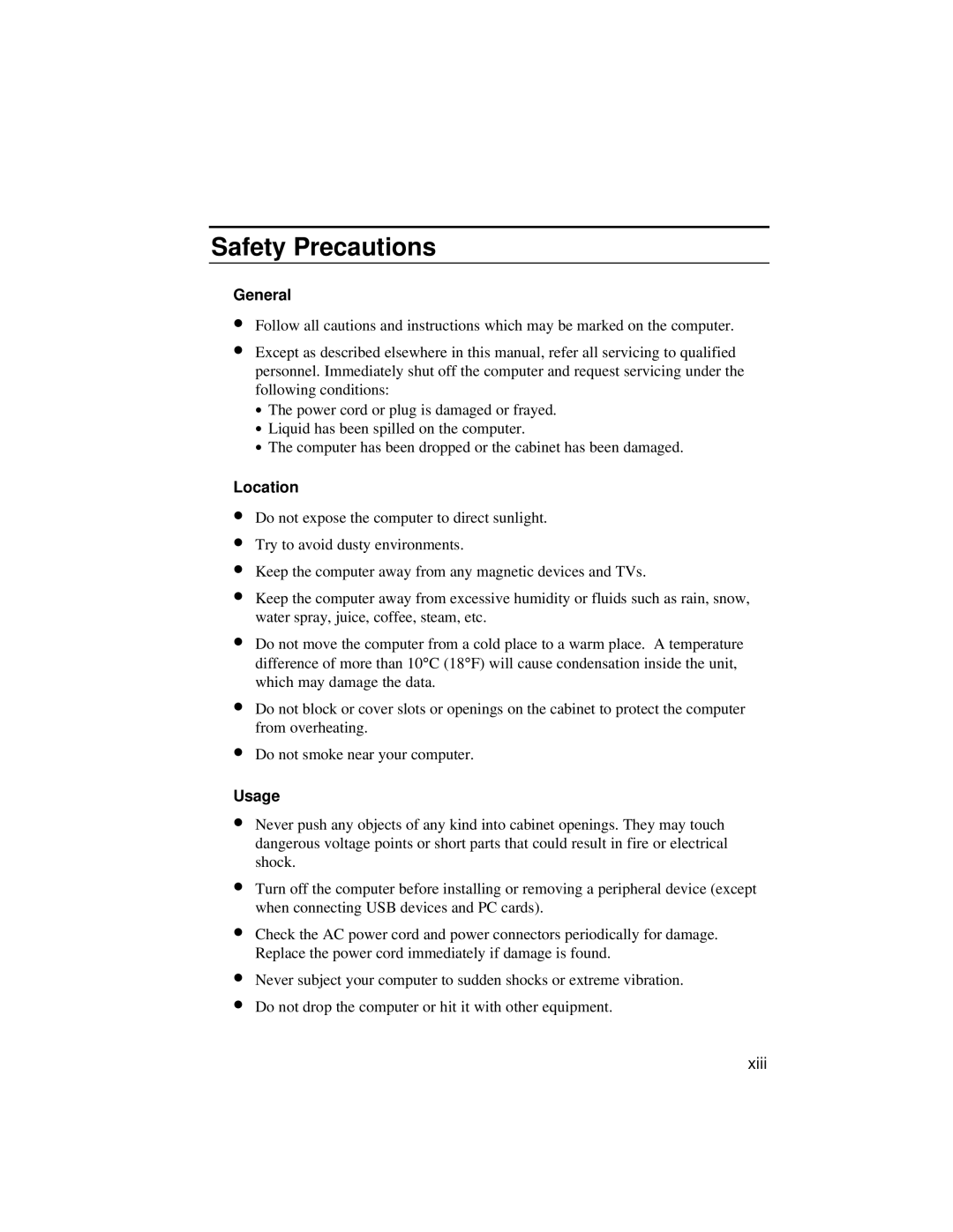 Dell LT System manual Safety Precautions, General, Location, Usage 