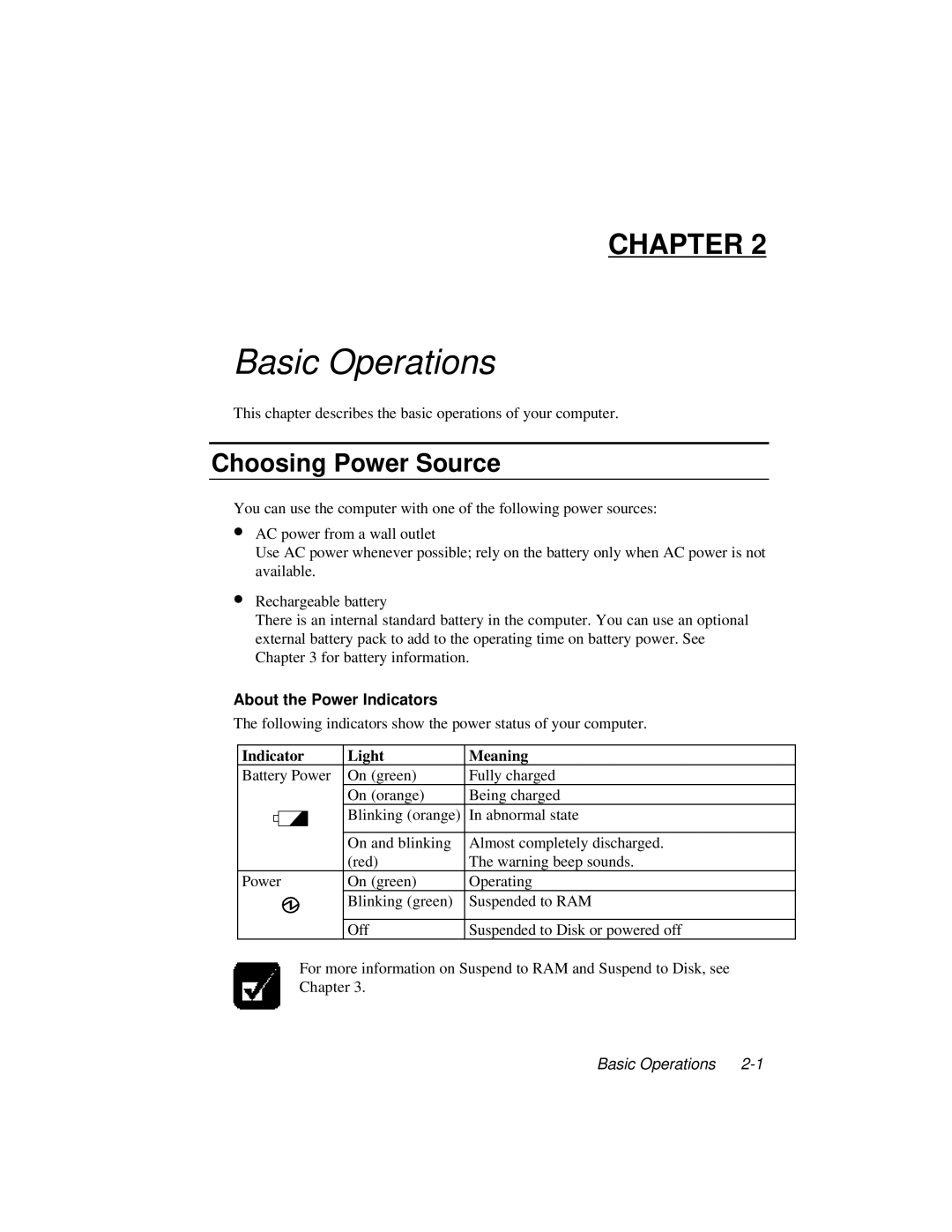 Dell LT System manual Basic Operations, Choosing Power Source, About the Power Indicators, Indicator Light Meaning 