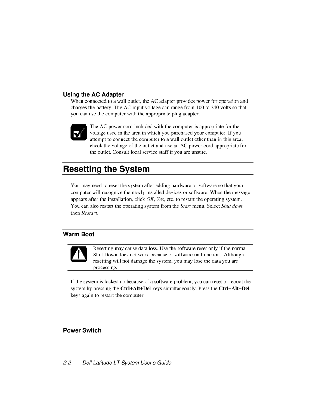 Dell LT System manual Resetting the System, Using the AC Adapter, Warm Boot, Power Switch 