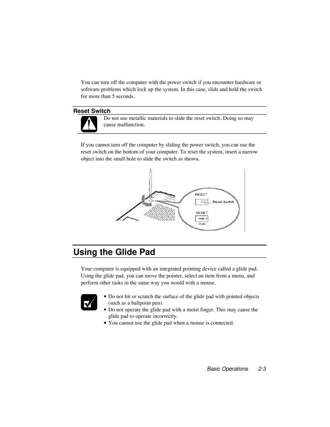 Dell LT System manual Using the Glide Pad, Reset Switch 