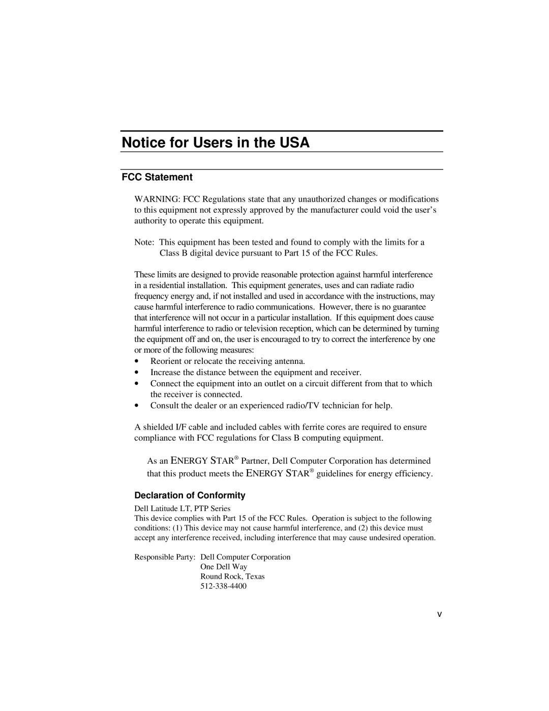 Dell LT System manual FCC Statement, Declaration of Conformity 