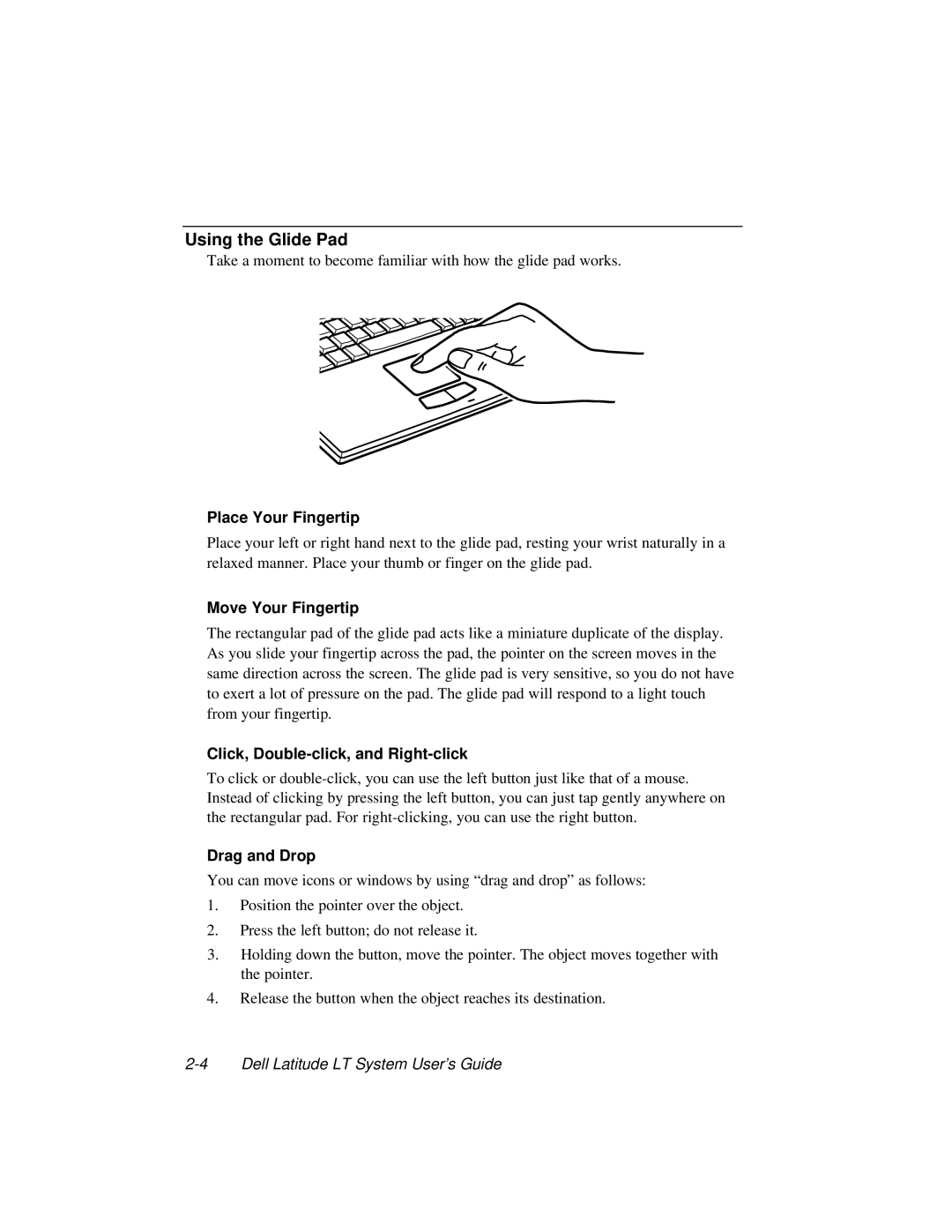 Dell LT System manual Using the Glide Pad, Place Your Fingertip, Move Your Fingertip, Click, Double-click, and Right-click 