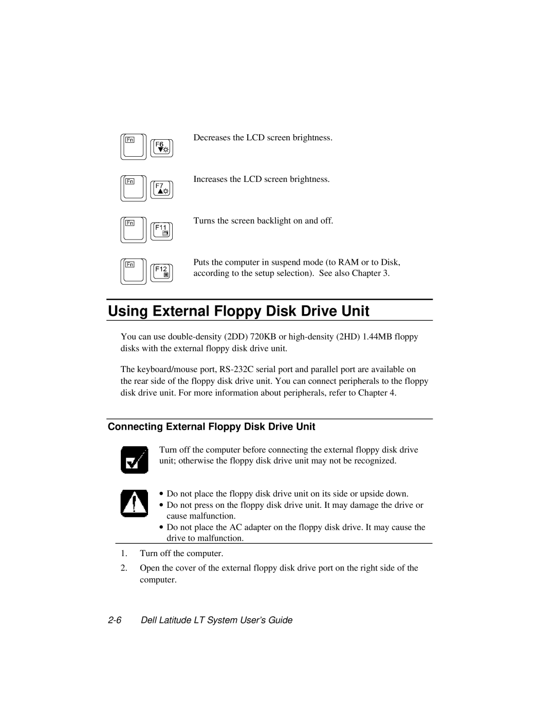 Dell LT System manual Using External Floppy Disk Drive Unit, Connecting External Floppy Disk Drive Unit 