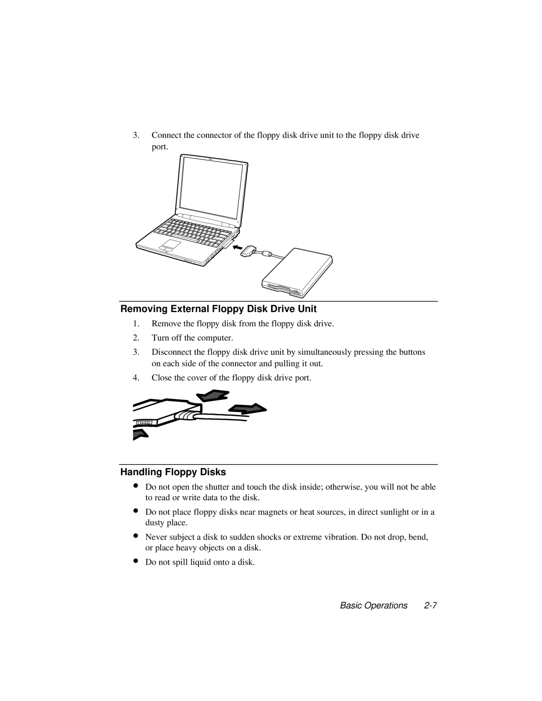 Dell LT System manual Removing External Floppy Disk Drive Unit, Handling Floppy Disks 