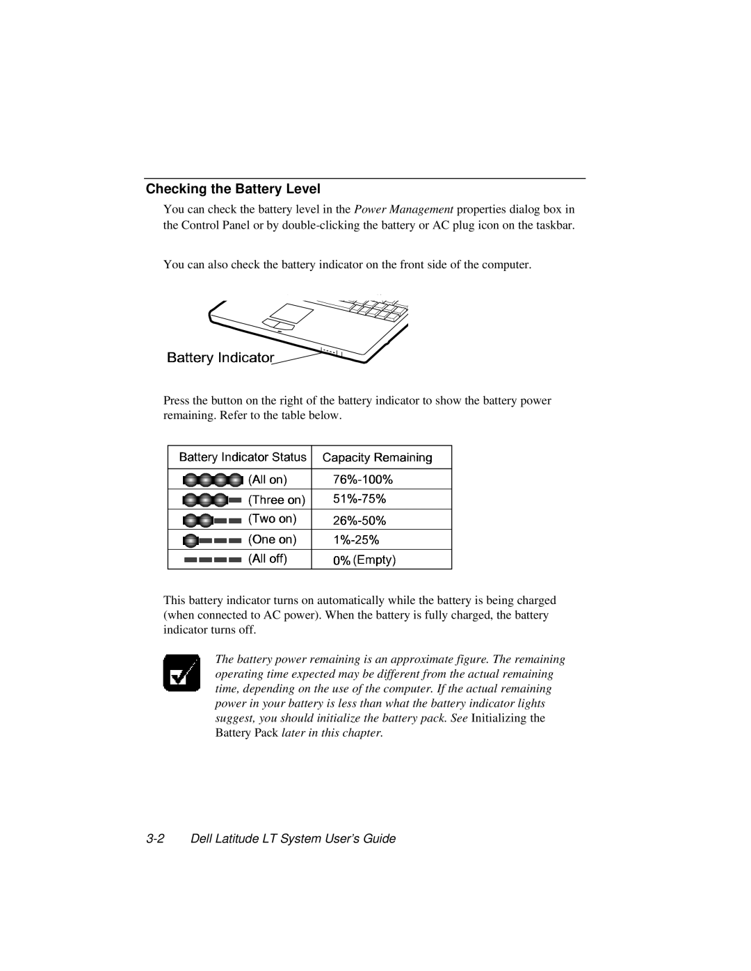 Dell LT System manual Checking the Battery Level 