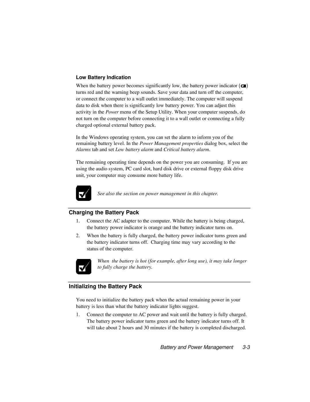 Dell LT System manual Charging the Battery Pack, Initializing the Battery Pack, Low Battery Indication 