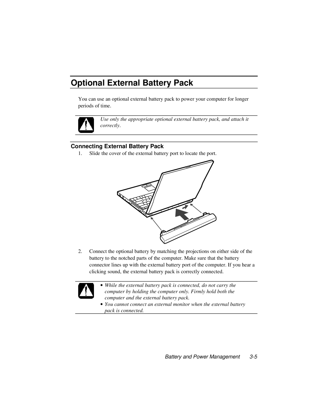 Dell LT System manual Optional External Battery Pack, Connecting External Battery Pack 