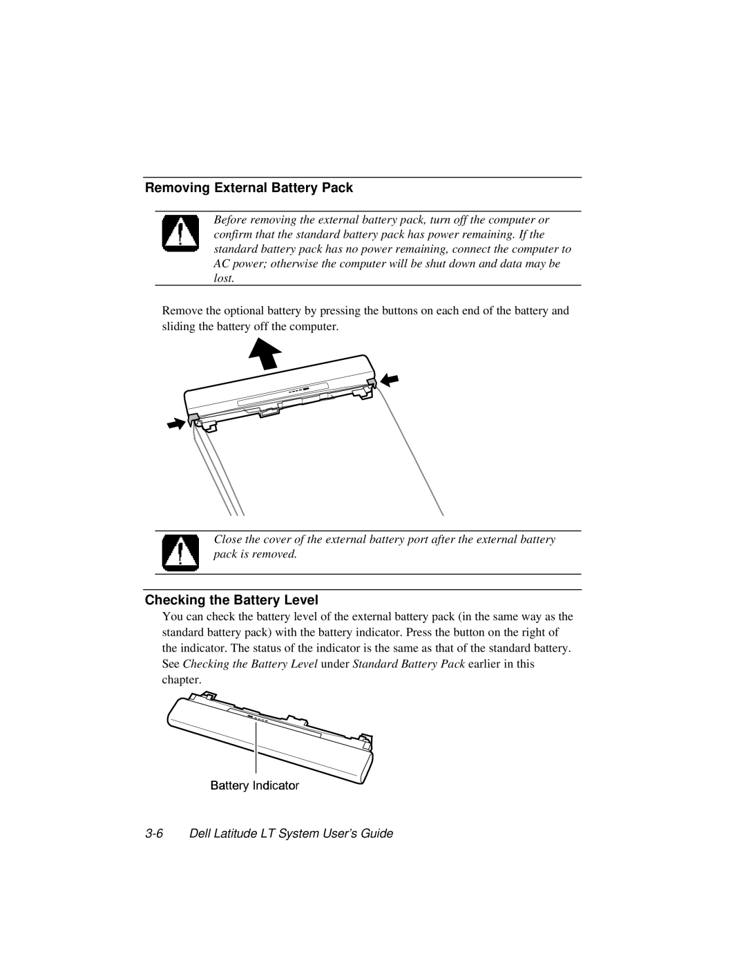 Dell LT System manual Removing External Battery Pack, Checking the Battery Level 