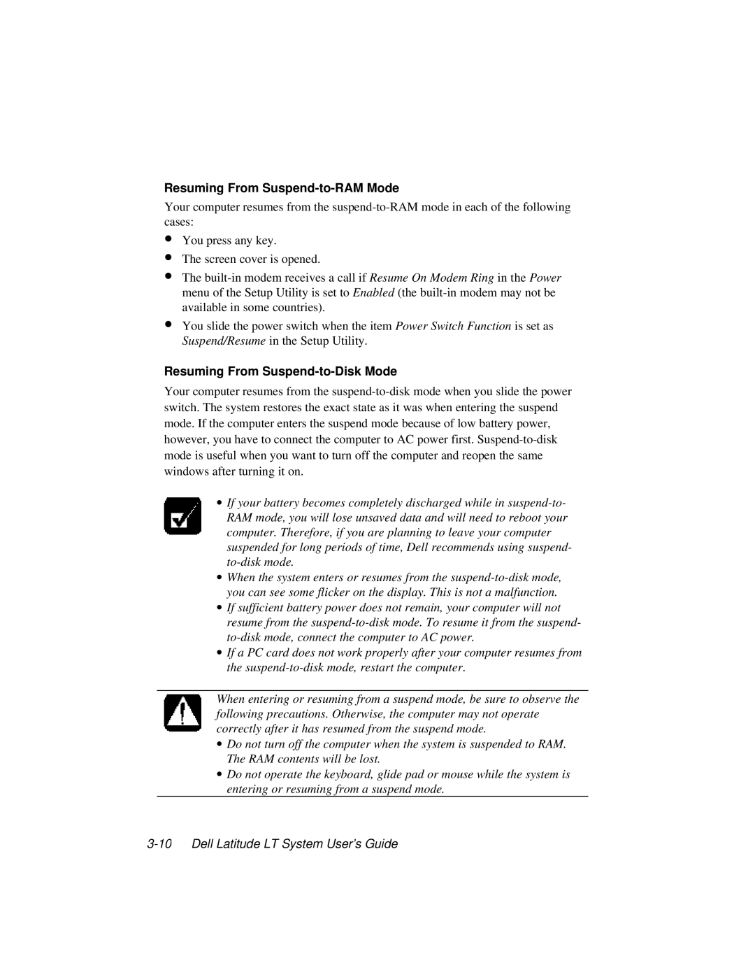 Dell LT System manual Resuming From Suspend-to-RAM Mode, Resuming From Suspend-to-Disk Mode 