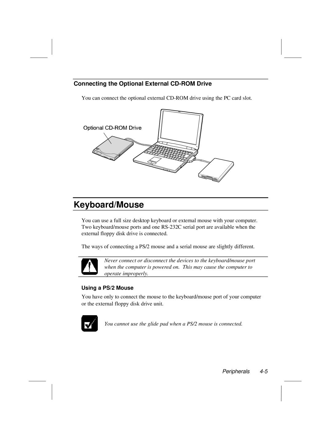 Dell LT System manual Keyboard/Mouse, Connecting the Optional External CD-ROM Drive, Using a PS/2 Mouse 