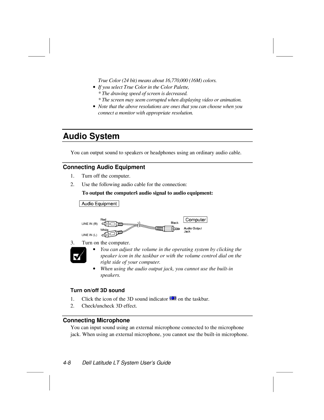 Dell LT System manual Audio System, Connecting Audio Equipment, Connecting Microphone, Turn on/off 3D sound 