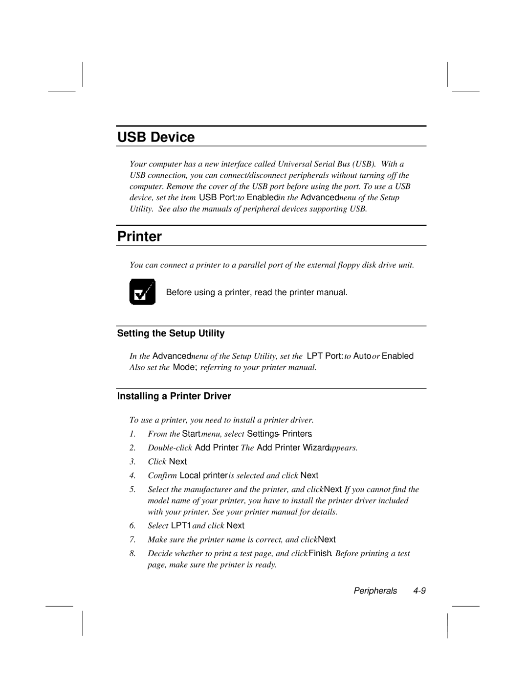 Dell LT System manual USB Device, Setting the Setup Utility, Installing a Printer Driver 