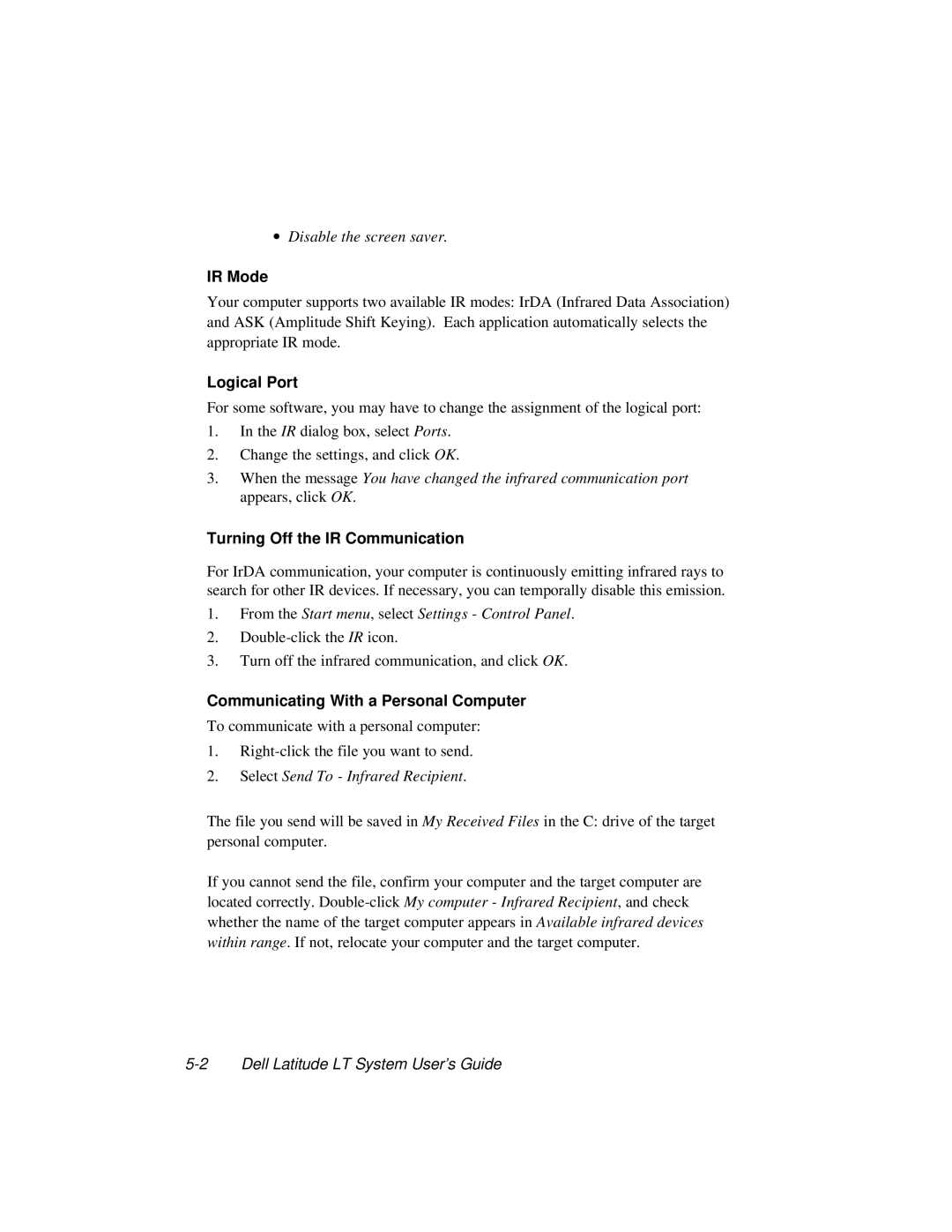 Dell LT System manual IR Mode, Logical Port, Turning Off the IR Communication, Communicating With a Personal Computer 