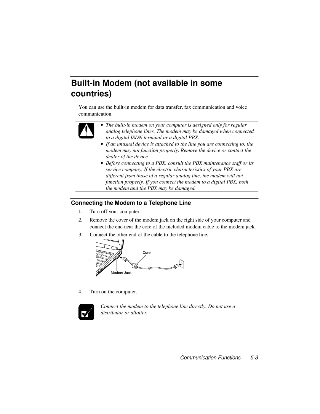 Dell LT System manual Built-in Modem not available in some countries, Connecting the Modem to a Telephone Line 