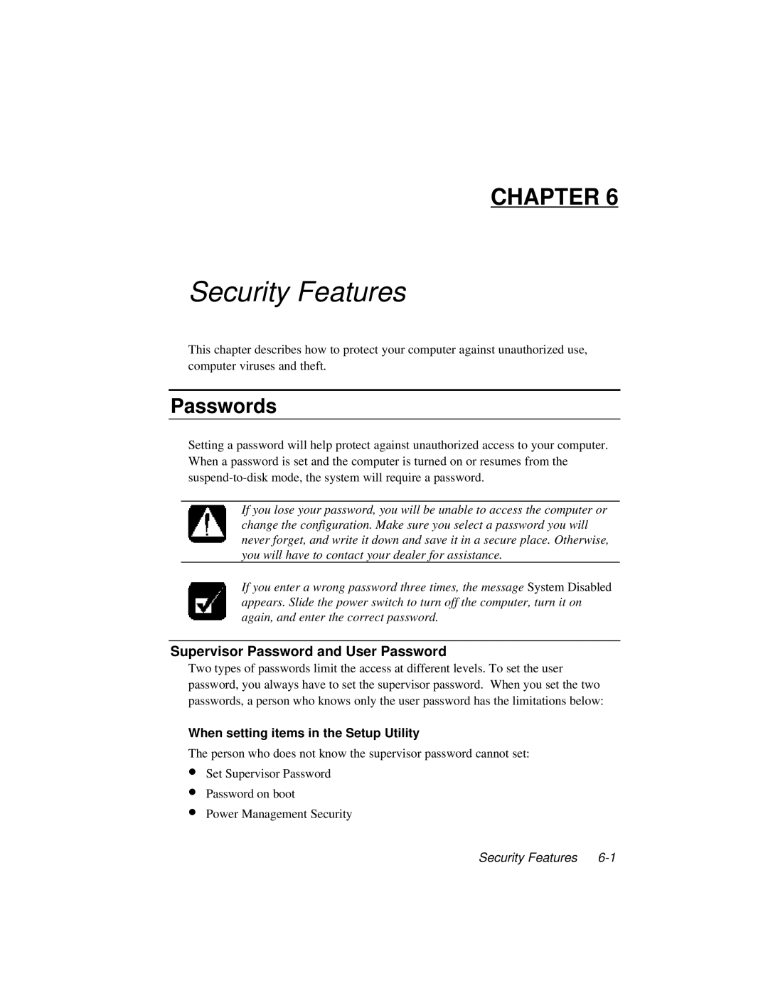 Dell LT System manual Security Features, Passwords, Supervisor Password and User Password 