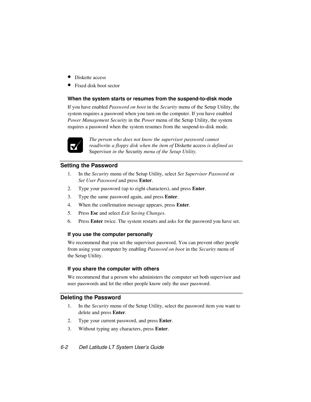 Dell LT System manual Setting the Password, Deleting the Password, If you use the computer personally 