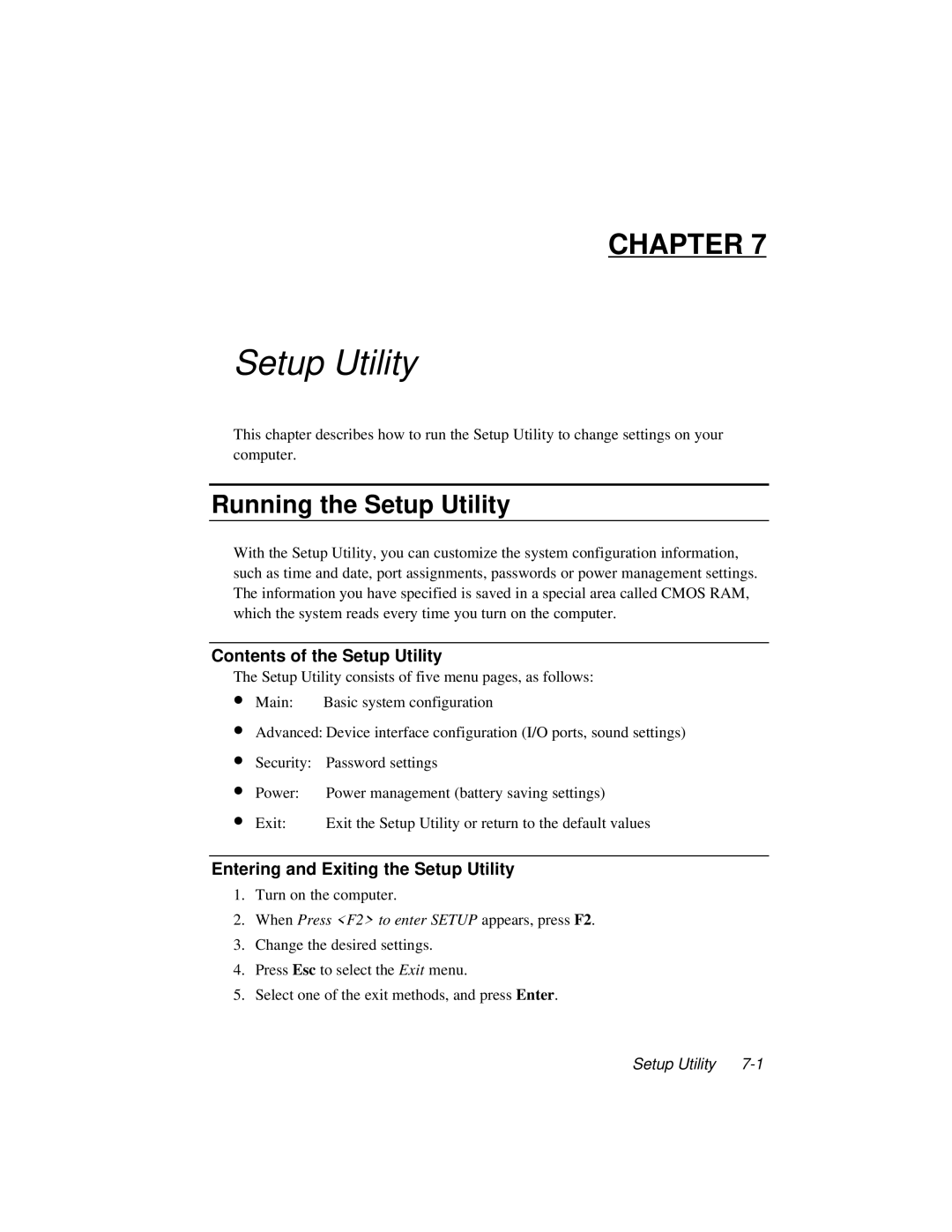 Dell LT System manual Running the Setup Utility, Contents of the Setup Utility, Entering and Exiting the Setup Utility 