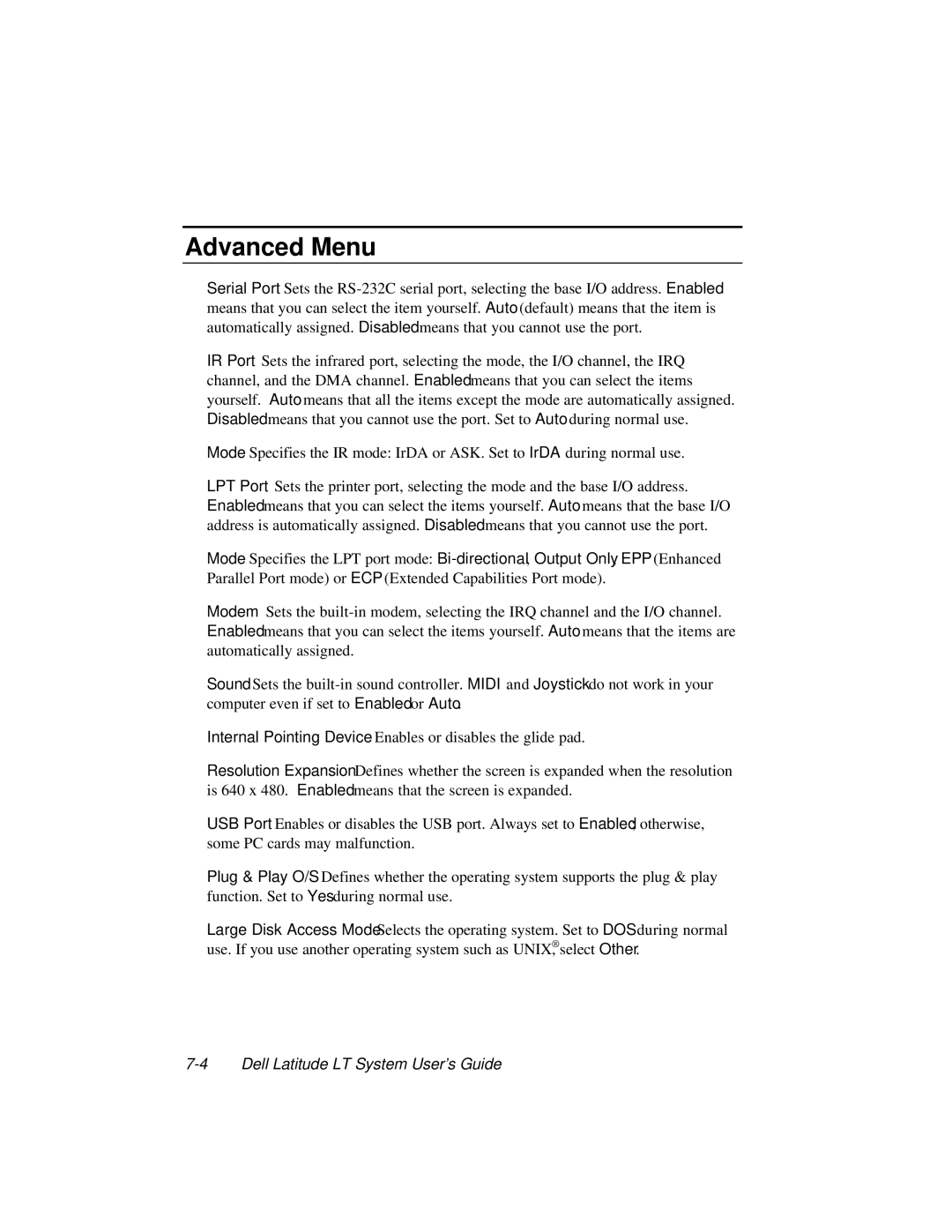 Dell LT System manual Advanced Menu 